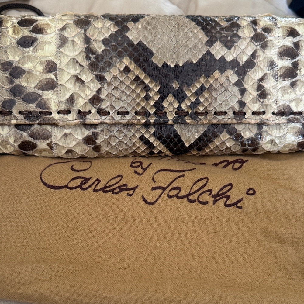 Carlos Falchi Beige and Brown Python-Print Wristlet Clutch